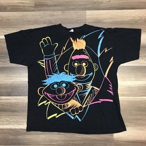 Y2K 2008 Sesame Street Bert & Ernie Neon Outline Black T-Shirt Sz XL
